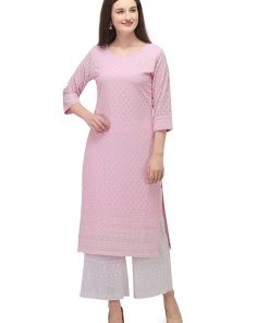Women's Pink Georgette Straight Kurta - Large
