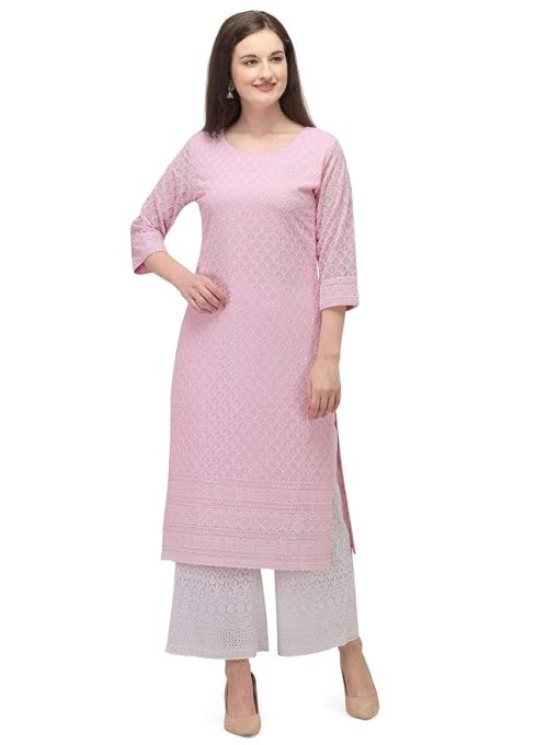 Women's Pink Georgette Straight Kurta - Large
