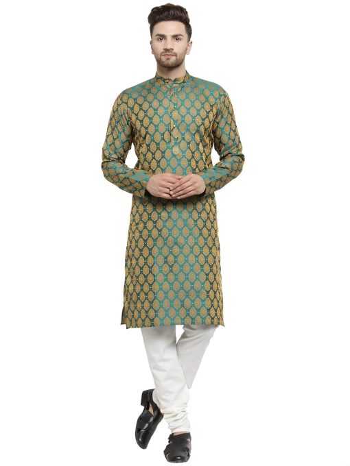 Men'S Jacquard Silk Kurta And Pyjama Size M - Green