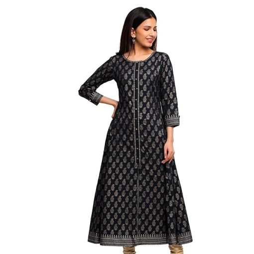 Women's Cotton Black and Gold Printed Anarkali Kurta - Large