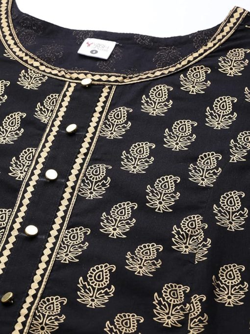 Women's Cotton Black and Gold Printed Anarkali Kurta - Large