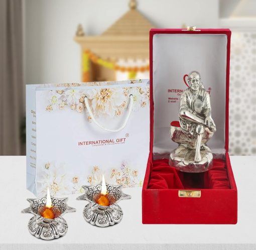 Silver Sai Baba Statue with Beautiful Gift Box Packing and with Carry Bag and2 Pieces Diya Set (16 cm X 7 cm X 5.5 cm)