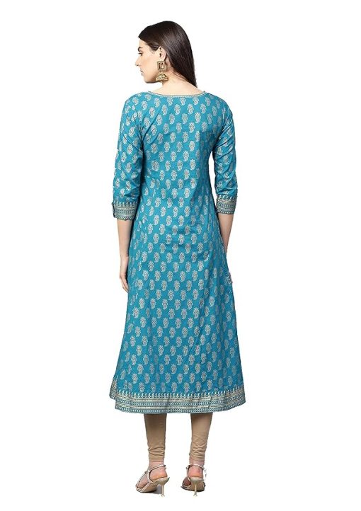 Women's Cotton Teal Gold Printed Anarkali Kurta - XL
