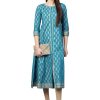 Women's Cotton Teal Gold Printed Anarkali Kurta - XL