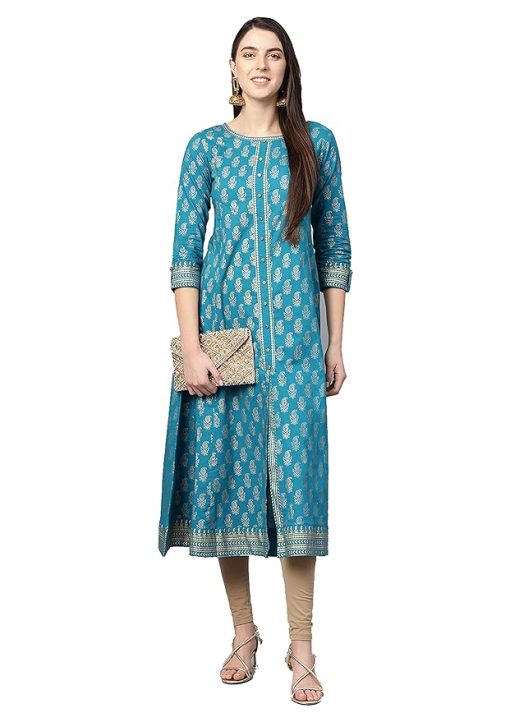 Women's Cotton Teal Gold Printed Anarkali Kurta - XL