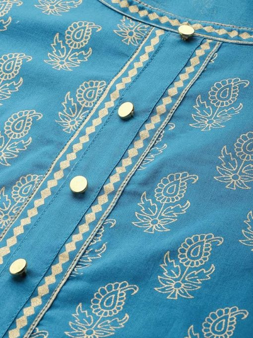 Women's Cotton Teal Gold Printed Anarkali Kurta - XL