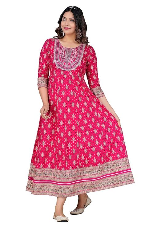 Pink Rayon Embroidered Anarkali Kurti - Large