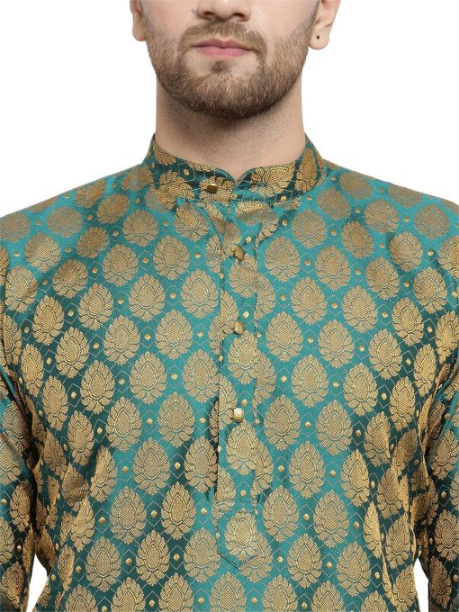 Men'S Jacquard Silk Kurta And Pyjama Size M - Green
