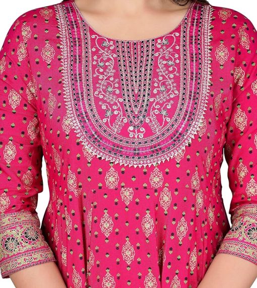 Pink Rayon Embroidered Anarkali Kurti - Large