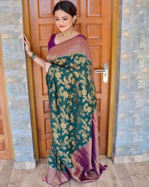 Green and Purple Banarasi Soft Silk Saree