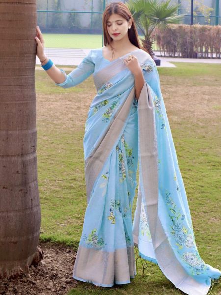 Blue Soft Silk Saree With Fancy Zari Weaved Big Border