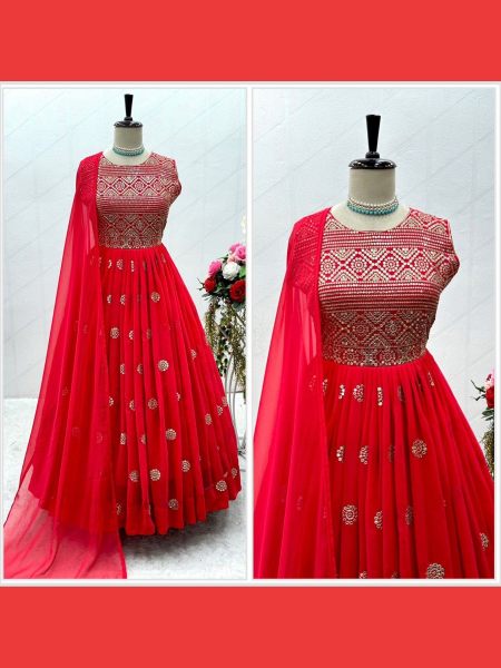 Red Fox Georgette Gown And Dupatta With Embroidery Work - XL Red Fox Georgette Gown And Dupatta With Embroidery Work - XL