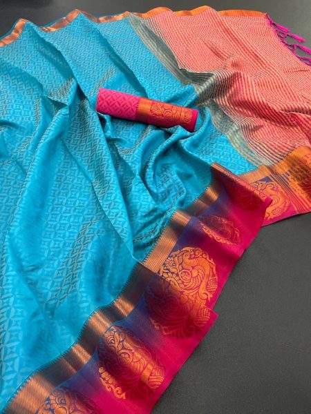 Blue and Pink Soft Kanjivaram Silk Saree All Over Saree With Jalar White and Gold Soft Kanjivaram Silk Saree All Over Saree With Jalar