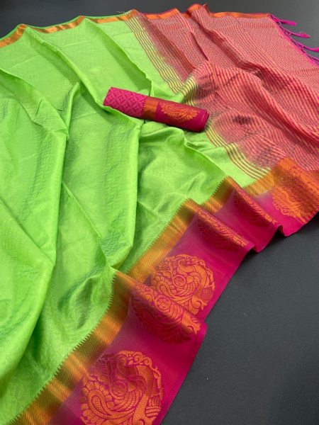 Green and Pink Soft Kanjivaram Silk Saree All Over Saree With Jalar White and Gold Soft Kanjivaram Silk Saree All Over Saree With Jalar