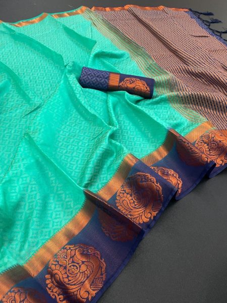 Turquoise and Blue Soft Kanjivaram Silk Saree All Over Saree With Jalar White and Gold Soft Kanjivaram Silk Saree All Over Saree With Jalar