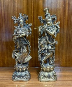 10 Inch Radha Krishna Antique Brass Statue – Handcrafted Hindu Deity Figurine