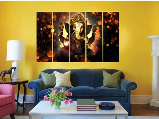Wooden 7mm Ganesha Split Digital Wall Painting in 5 pieces 36 x 60 inches