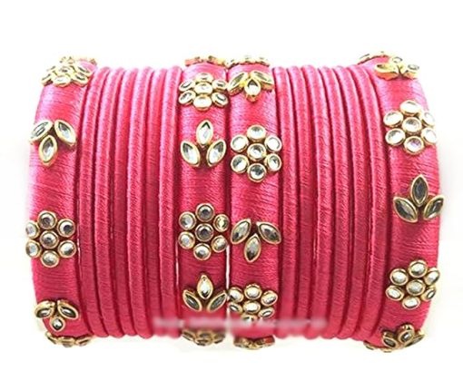 Pink Silk Thread Kundan Bangle Set of 16