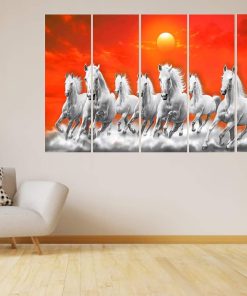 Set Of 5 Seven Running Horses Vastu Wooden Framed Wall Painting 50 x 30 Inch