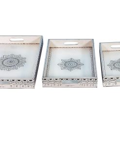Beautiful White Rangoli Handcrafted Serving Tray Set of 3 - 15 inch