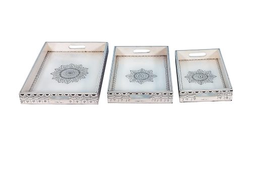 Beautiful White Rangoli Handcrafted Serving Tray Set of 3 - 15 inch