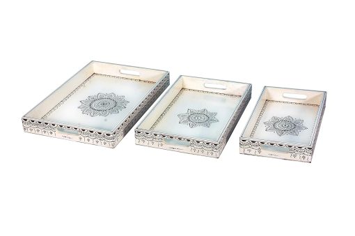 Beautiful White Rangoli Handcrafted Serving Tray Set of 3 - 15 inch