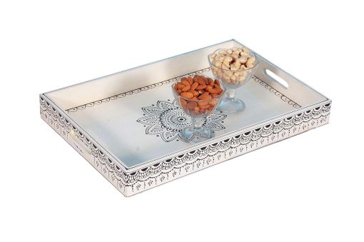 Beautiful White Rangoli Handcrafted Serving Tray Set of 3 - 15 inch
