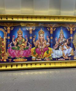 Five Hindu God And Goddess Photos With Wooden Frame For Pooja (32Cm X 14Cm)