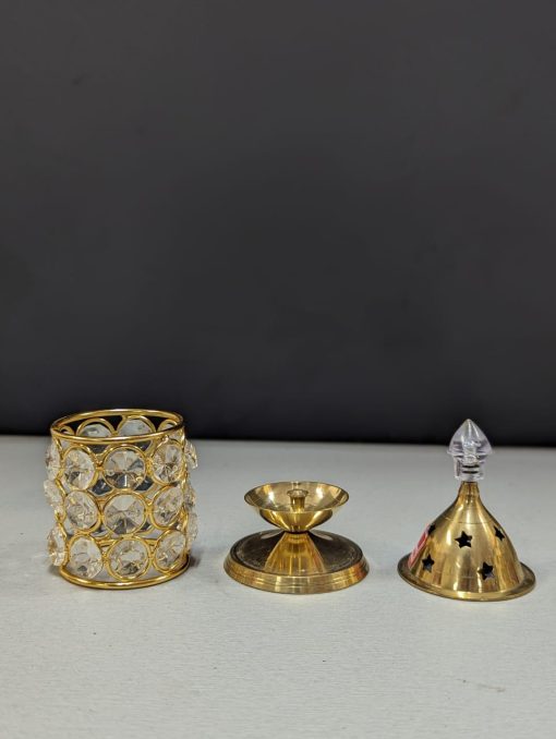 Decorative Brass Crystal Oil Lamp, Tea Light Holder Lantern Cylindrical Shape Diwali Gifts Home Decor Puja Lamp