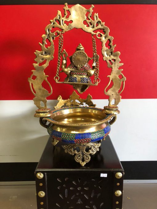 21 inch Ganesha swing brass urli with Beautiful Stone Work, Ganesha urli, Brass urli,Traditional Bowl,Ganesha brass urli, ethnic design urli