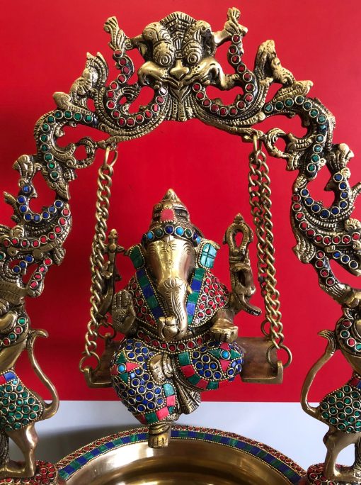 21 inch Ganesha swing brass urli with Beautiful Stone Work, Ganesha urli, Brass urli,Traditional Bowl,Ganesha brass urli, ethnic design urli