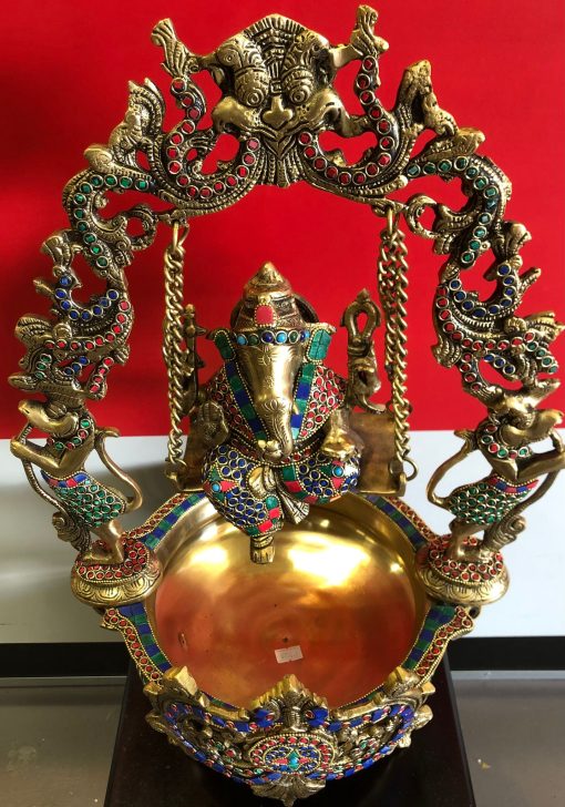 21 inch Ganesha swing brass urli with Beautiful Stone Work, Ganesha urli, Brass urli,Traditional Bowl,Ganesha brass urli, ethnic design urli