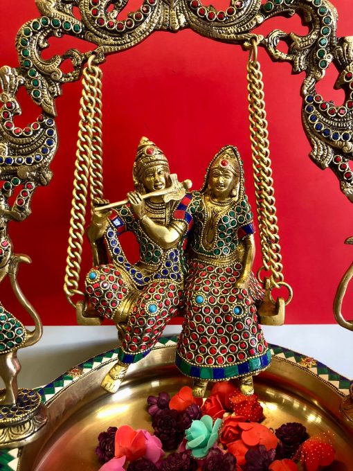 Radha krishna Swing brass urli with beautiful mosaic stone work, 21" Radha krishna Urli, Traditional Bowl, Brass urli, Gopal brass urli Bowl