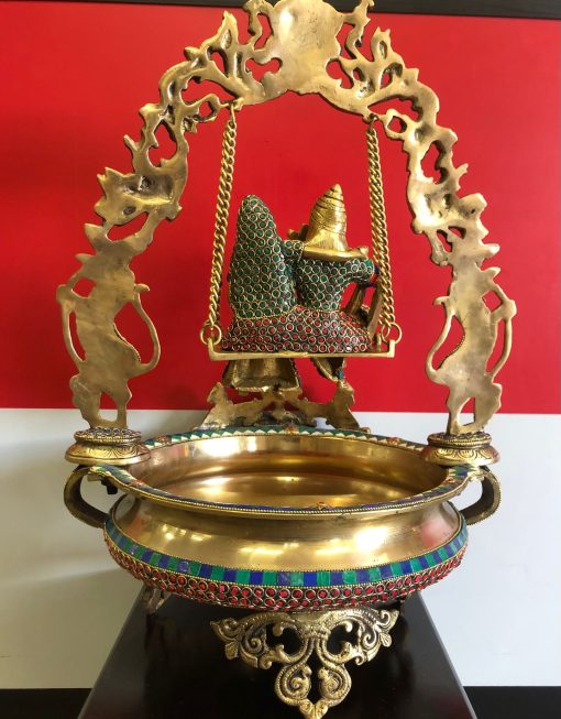 Radha krishna Swing brass urli with beautiful mosaic stone work, 21" Radha krishna Urli, Traditional Bowl, Brass urli, Gopal brass urli Bowl