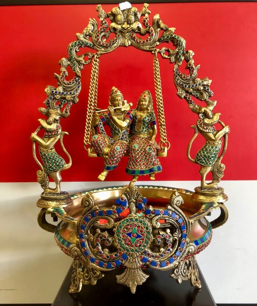Radha krishna Swing brass urli with beautiful mosaic stone work, 21" Radha krishna Urli, Traditional Bowl, Brass urli, Gopal brass urli Bowl Radha krishna Swing brass urli with beautiful mosaic stone work, 21" Radha krishna Urli, Traditional Bowl, Brass urli, Gopal brass urli Bowl