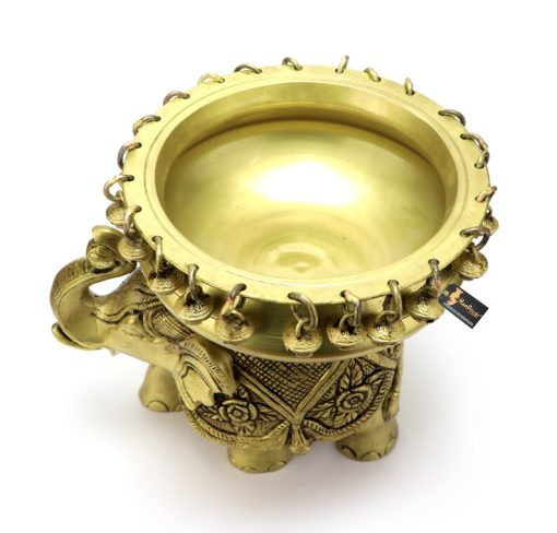 8 Inch Ethnic Design Brass Urli Over Brass Elephant Showpiece, Urli for Home Decor, Brass Traditional Bowl, Home Decor Accessories