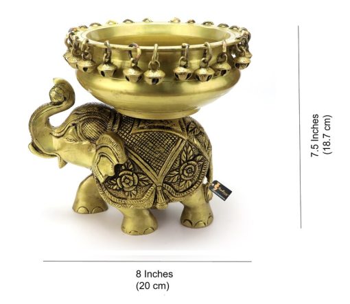 8 Inch Ethnic Design Brass Urli Over Brass Elephant Showpiece, Urli for Home Decor, Brass Traditional Bowl, Home Decor Accessories