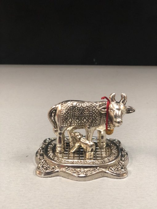 Lord Krishna'S Kamdhenu Cow With Calf German Silver Showpiece