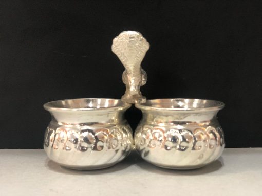 German Silver 2 Bowl Peacock Standing Kumkum Pot For Wedding / Pooja Articles/Return Gift Size : 3 Inches Weight : 140 Grams
