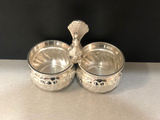 erman Silver 2 Bowl Peacock Standing Kumkum Pot For Wedding / Pooja Articles/Return Gift Size : 3 Inches Weight : 140 Grams