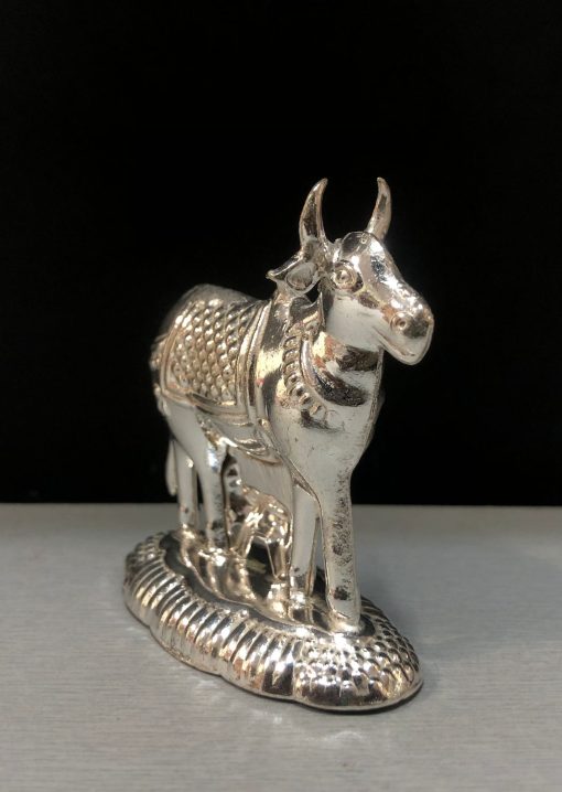 Lord Krishna'S Kamdhenu Cow With Calf German Silver Showpiece