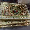 Rectangular Decorative meenakari gold colour bajot/Antique Design/Multipurpose Stool Pooja mandir Beautiful Wood Carved Glass Finished Designer Chowki Bajot for Pooja Home Temple Gold Color 21x15 Inch