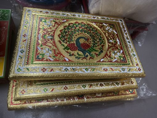Rectangular Decorative meenakari gold colour bajot/Antique Design/Multipurpose Stool Pooja mandir Beautiful Wood Carved Glass Finished Designer Chowki Bajot for Pooja Home Temple Gold Color 21x15 Inch