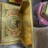 Rectangular Decorative meenakari gold colour bajot/Antique Design/Multipurpose Stool Pooja mandir Beautiful Wood Carved Glass Finished Designer Chowki Bajot for Pooja Home Temple Gold Color 21x15 Inch