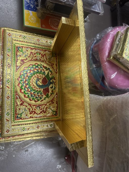 Rectangular Decorative meenakari gold colour bajot/Antique Design/Multipurpose Stool Pooja mandir Beautiful Wood Carved Glass Finished Designer Chowki Bajot for Pooja Home Temple Gold Color 21x15 Inch