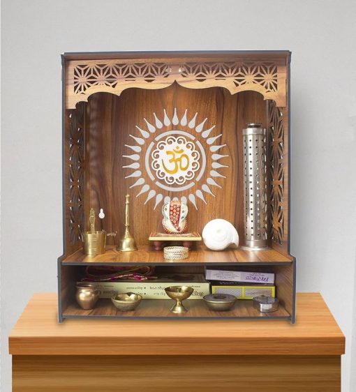 Beautiful Wooden Pooja Stand For Home/Mandir For Home/Puja Mandir Wall With Led Spot Light/Product (H x W x D: 46 cm x 41 cm x 22 cm)
