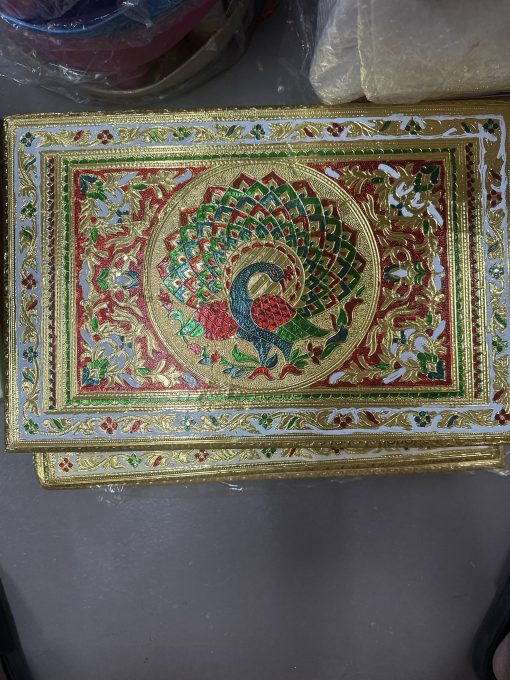 Rectangular Decorative meenakari gold colour bajot/Antique Design/Multipurpose Stool Pooja mandir Beautiful Wood Carved Glass Finished Designer Chowki Bajot for Pooja Home Temple Gold Color 21x15 Inch