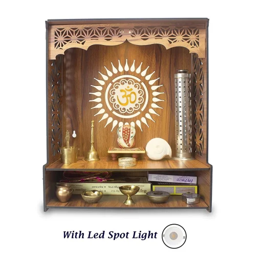 Beautiful Wooden Pooja Stand For Home/Mandir For Home/Puja Mandir Wall With Led Spot Light/Product (H x W x D: 46 cm x 41 cm x 22 cm)