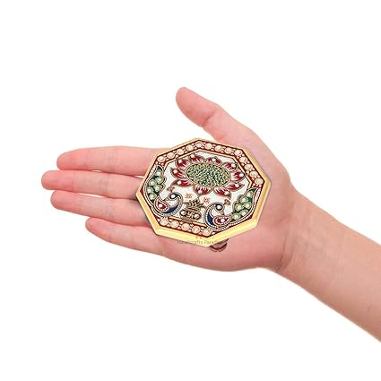 Marble Octagonal Puja Chowki Painted with Peacock Design