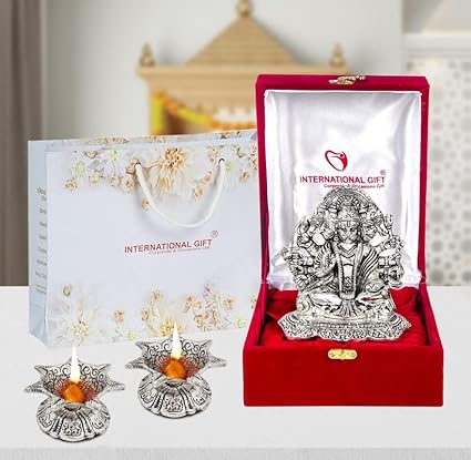 Panchmukhi Hanuman Idol (Murti) Oxidised Finish with 2 Piece Jyot Diya with Beautiful Red Velvet Box Packing (11.5H x 11W x 9.5L) Panchmukhi Hanuman Idol (Murti) Oxidised Finish with 2 Piece Jyot Diya with Beautiful Red Velvet Box Packing (11.5H x 11W x 9.5L)